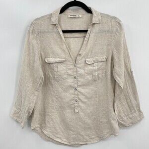 COTTONWORLD 100% Pure Linen Beige Long Sleeve Half Button Down Shirt Size S